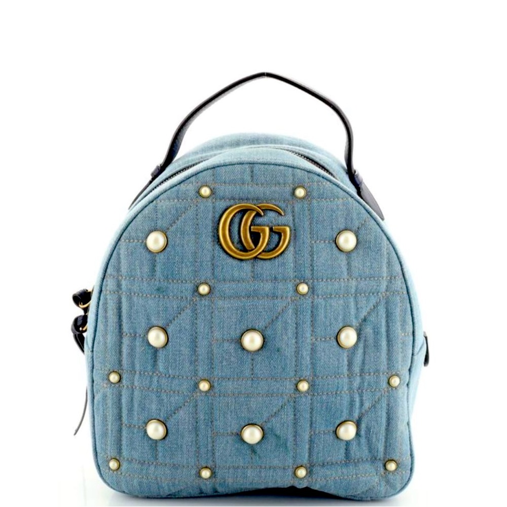 Gucci Pearly GG Marmont Backpack Embellished Denim